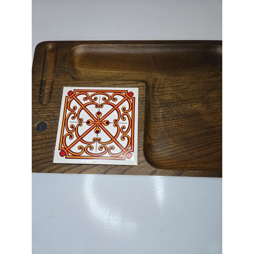Vtg 1970s Japanese Keyaki Wood Cheese Board Charcuterie Tray Orange Scroll Tile